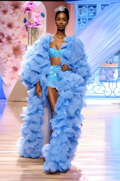 A woman in a blue dress and a knotting one walking down a catwalk, desfile da victoria secret, Maria Borges, Modelo da Victorias Secret, Alta costura moda, fantasia de alta moda, Naomi Campbell, modelo de passarela glamourosa, bolo, Moda de Alta Costura, a...