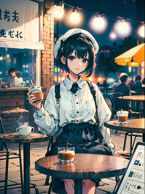 Music Video Style, Farbe, 1girl in, White cap、black hair short cut、bangss, bblurry, Cafe at night、Multiple figures on background、 drinking a cup of coffee, sitting on table, ​masterpiece, crowd, looking at the viewers,