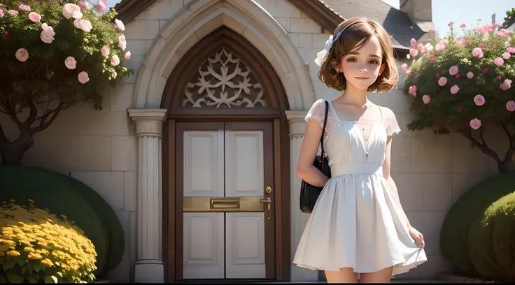 tween Emma Watson wearing cute short flower girl dress, small bust, small chest, cute smile, outside church, wedding guests in background