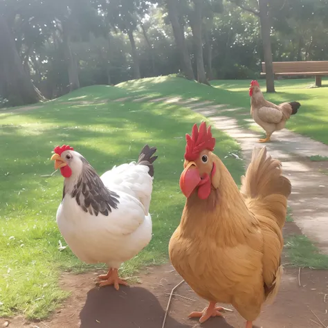 Chickens standing on a path in a grassy area next to a park, Galinhas, O Rei do Galo, olhar orgulhoso, olhando para o lado, orgulhoso olhando para longe, Penas de frango, galo, olhando para a direita, looking to the side off camera, looking away from camer...