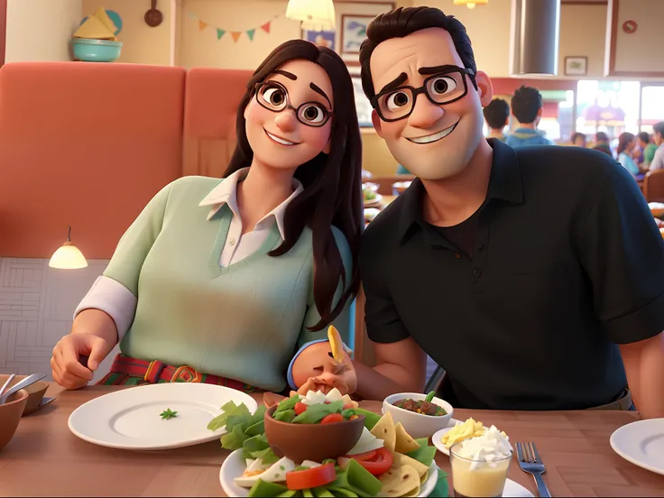 casal homem e mulher, num restaurante mexicano, no estilo Disney Pixar, alta qualidade, melhor qualidade