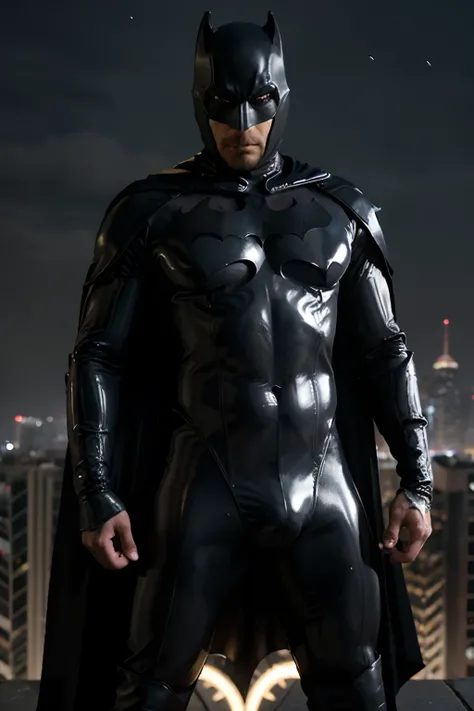 Indian Man in Shiny Latex Black Batman Catsuit with Full pants, Golden Batman Symbol, Medium Long curly Hair falling aside face, Beards, Black Cape, Big Dick, Bulky Physique, Standing, Crossed Arms, Dark Semi-ruined Gotham Cyberpunk City in Background