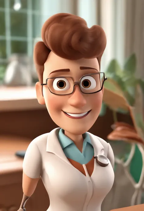 Cartoon character of a dentist with black eyes and big eyelashes, boca desenhada e nariz fino, with medium brown and wavy hair, Inside a Clinical Animation Character, Caractere estilizado, animation style rendering, 3D estilizado, Arnold Maya render, 3 d r...