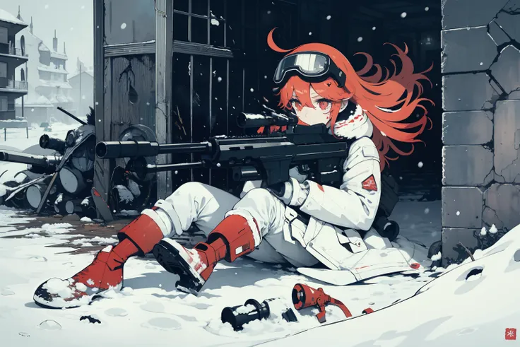 masterpiece, best quality, 1girl, closeup, 1girl, snipler, white outfit, (red goggles), holding a sniper rifle, 50caliber, winte...