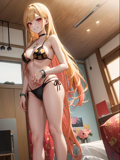 masterpiece, best quality, highres, kitagawa marin, 1girl, blonde hair, long hair, multicolored hair, red eyes, jewelry, necklace, choker, black bikini, floral print, bracelet, side-tie bikini bottom, cowboy shot, indoors, room, standing, grin, straight-on...