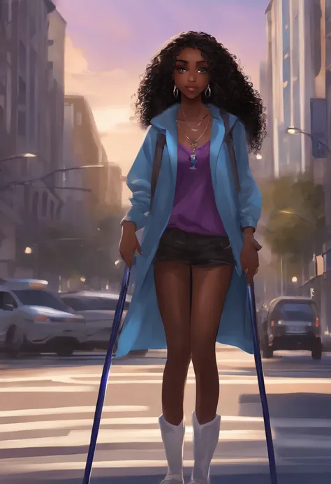 Anime black girl standing with a crutch on city street with long hair and blue eyes, Trend in Artstation Pixiv, Purple eyes, Gravata Azul, Beautiful (Olhos detalhados, Rosto detalhado,) Ahegao, Euladef, Temperamento nobre, salto alto, no watermark