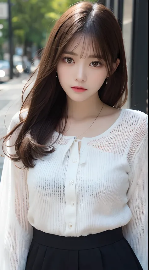 masutepiece, Best Quality, Illustration, Ultra-detailed, finely detail, hight resolution, 8K Wallpaper, Perfect dynamic composition, Beautiful detailed eyes, Long sleeve blouse,Dark brown hair color ,Small breasts, Natural Color Lip, Cute poses that men se...