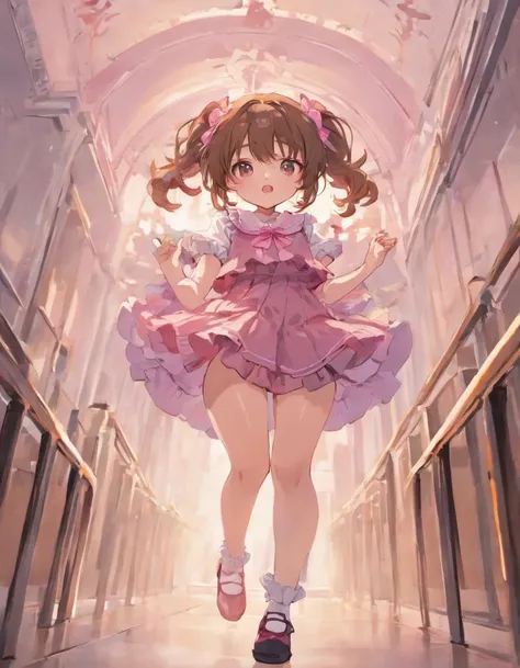 Girl with brown hair in schoolgirl outfit with frilly bloomers and pink bows - white camisole, thigh high white socks (not scandalous) with friends who are also dressed in a similar, lolita style