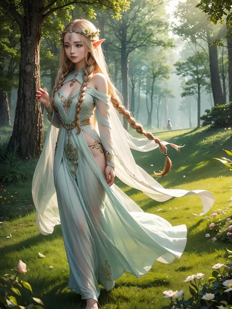 Graceful elven girl standing in meadow, Delicate face illuminated by the soft light of the setting sun. Her long, Flowing hair runs down your back, Decorated with intricate braids、Adorned with sparkling gemstones. This stunning picture is、、It captures the ...