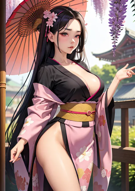 masterpiece, (pink kimono), seductive face, good lighting, décolleté, fine details, masterpiece, glowing eyes, 1girl, black hair, gag, bamboo, Nezuko Kamado, wisteria background, masterpiece, best quality, POV, whole body, wide hips,