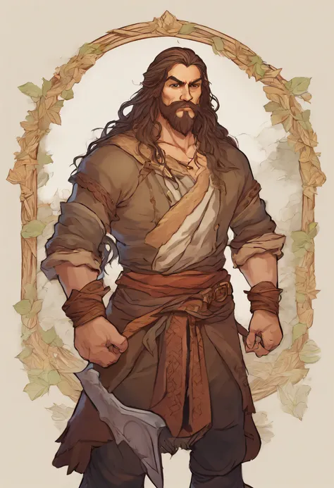 Personagem de desenho, Corpo completo, homem jovem, long hair in braids, Sem barba, grande machado , era medieval fantasia