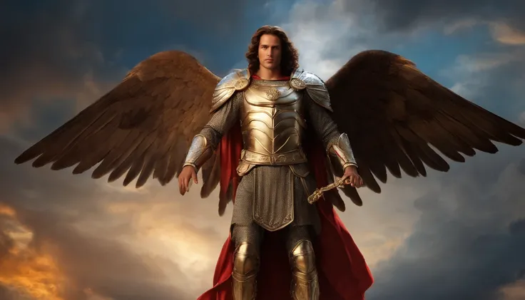 um personagem masculino, O arcanjo Miguel, Imagem celeste, detalhes intrincados, Realistic, BEGE e asas grandes, fundo celeste, Catholic illustrative image of the archangel Michael, Male character of the Bible, Michael is wearing his angelic armor, Maximum...