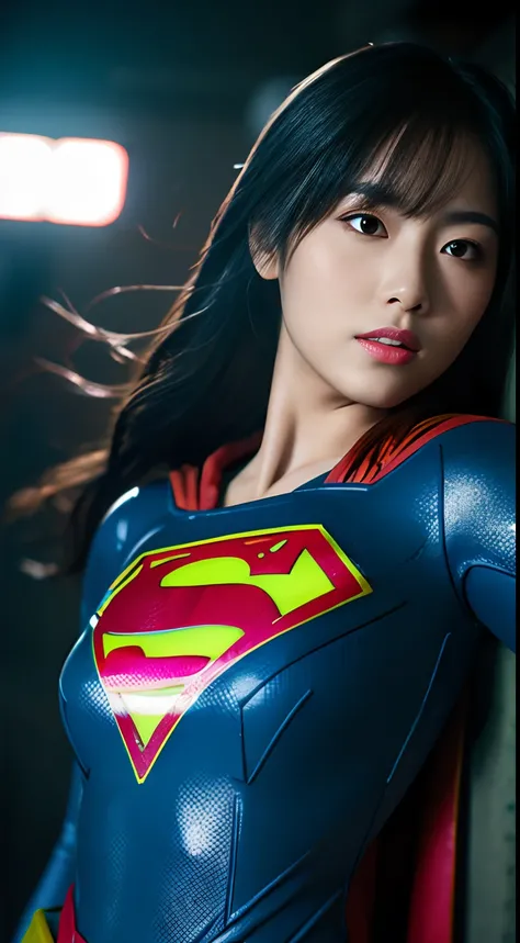 top-quality，​masterpiece，1girl in, japanese beautiful woman,((Supergirl Suit)), superman logo, (Armor equipment)，A dark-haired,  Slim body,full-shot, Dynamic Poses, frombelow, cinematic lightin， natta, 城市, Sateen, cyberpunk vibe, Dark Scene, dark ambiance,...