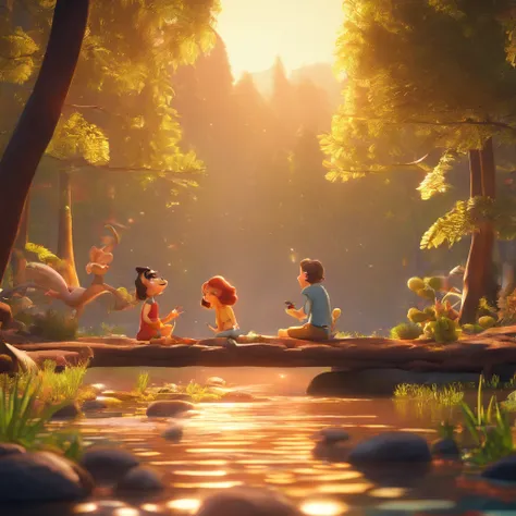 Create a poster inspired by Disney Pixar with two characters, a man with short hair and bangs, a beautiful girl with light brown hair parted in the middle, the two form a couple of young adults, show them in a forest with a lake in the middle, show them sm...