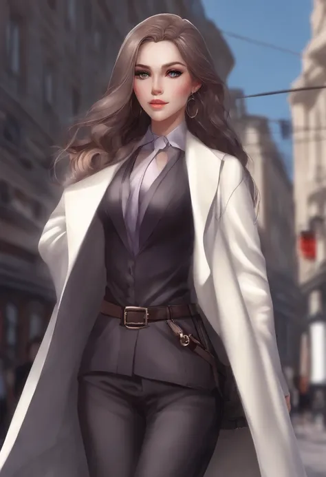 Menina negra com roupa de executiva, Anime standing with a crutch on city street with long hair, Trend in Artstation Pixiv, Purple eyes, Beautiful (Olhos detalhados, Rosto detalhado,) Ahegao, Euladef, Temperamento nobre, salto alto, no watermark