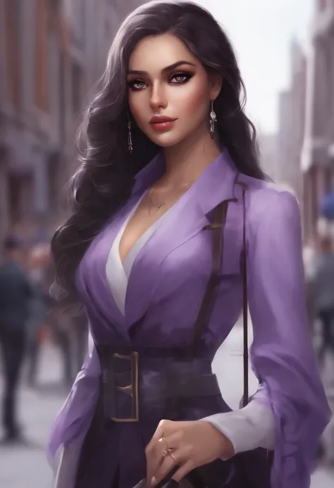 Menina negra com roupa de executiva, Anime standing with a crutch on city street with long hair, Trend in Artstation Pixiv, Purple eyes, Beautiful (Olhos detalhados, Rosto detalhado,) Ahegao, Euladef, Temperamento nobre, salto alto, no watermark