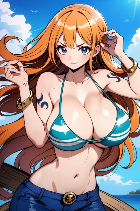 ((巨作)) ((best quality)) ((a highly detailed))  ((1woman)) ((bikini)) ((bikini top only)) ((orange long hair)) ((silky long hair)...