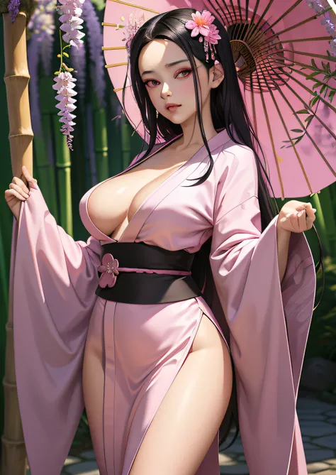 masterpiece, (pink kimono), seductive face, good lighting, décolleté, fine details, masterpiece, glowing eyes, 1girl, black hair, gag, bamboo, Nezuko Kamado, wisteria background, masterpiece, best quality, POV, whole body, wide hips,