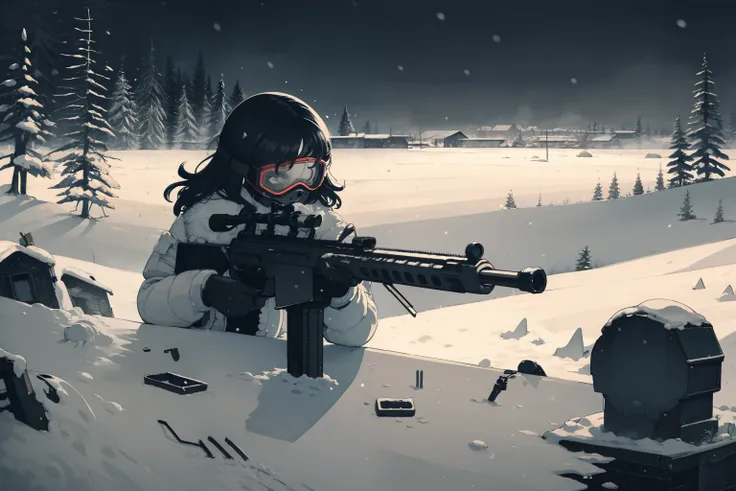 masterpiece, best quality, 1girl, closeup, 1girl, snipler, white outfit, (red goggles), holding a sniper rifle, 50caliber, winte...