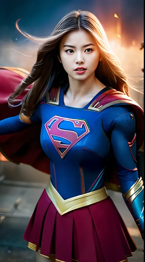 1girl in, beautfull Japanease woman,(((Warrior Supergirl))),Blue Top，a red skirt，red cloak，(((gorgeous costumes)))， Convoluted,Cinematic, cinematic lightin，Dynamic Poses