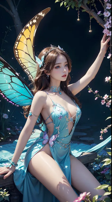 Woman with butterfly wings, Beautiful detailed eyes, Vibrant colors, exquisite features, posing elegantly, Ethereal lighting, Fantasy Artwork, hight resolution, Vivid colors, Magical atmosphere, style of surrealism, dreamlike landscape, Soft Focus, Whimsic...