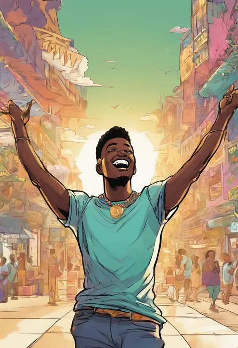 a close up of a dark skin person wearing casual clothes, arms wide open , happy, joy.