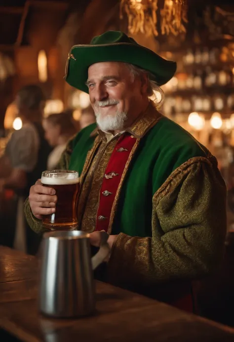 Man in typical German costume, green hat, With two large mugs of draft beer in his hands