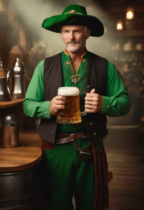 Man in typical German costume, green hat, With two large mugs of draft beer in his hands