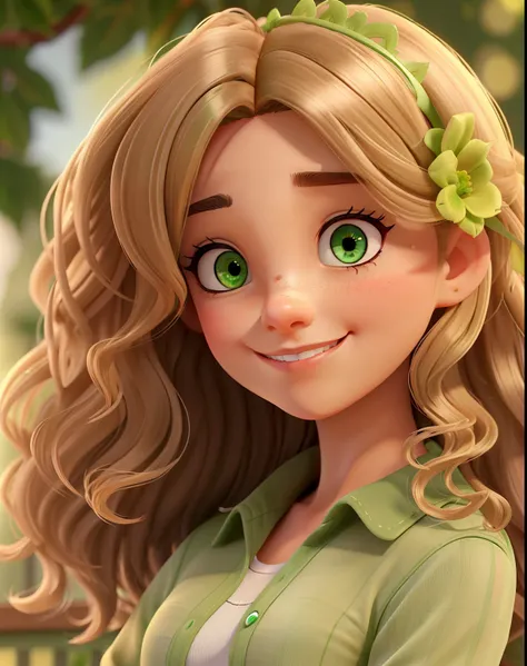 A beautiful girl with medium dark blonde curly hair, Olhos verdes,de delineado sorrindo