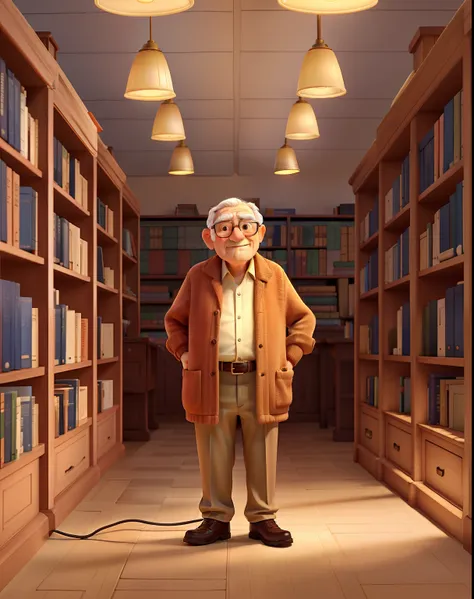 A wise old man standing in front, illuminated by the light of a lamp, against the backdrop of a library