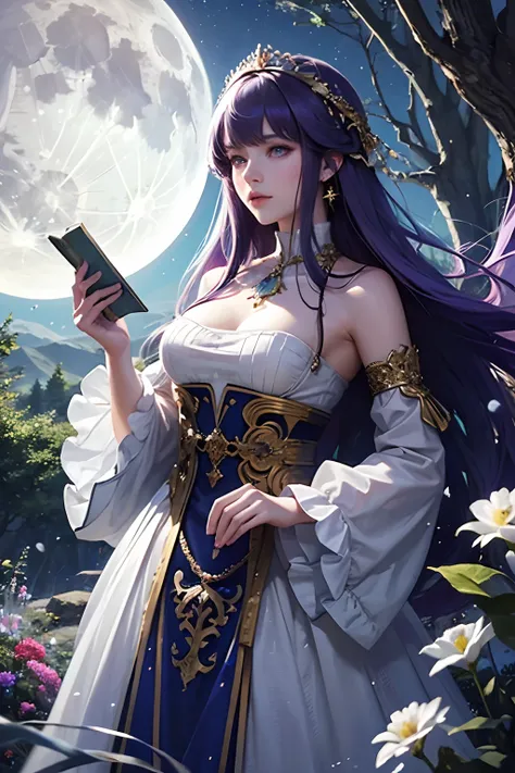 A Beautiful young woman with long purple hair and blue eyes, She has a old book, She is wearing a white Celtic dress, the moon in the starry sky, a lot of candles, in the forest, some flowers, She has Perfect face