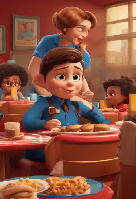 filme Marketing 2023 estilo filmes Pixar, Com nome "N - Marketing", poster, a 6-year-old boy in a blue blouse eating a hamburger at KFC at a table with his parents, a middle-aged man in a red blouse and a lady in a blue blouse