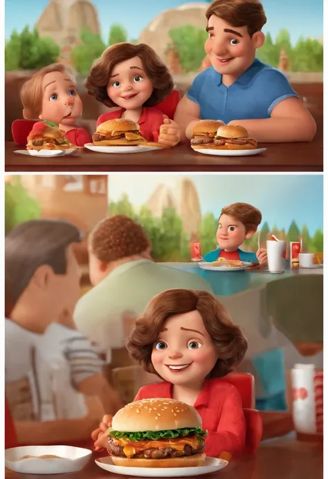 filme Marketing 2023 estilo filmes Pixar, Com nome "N - Marketing", poster, a 6-year-old boy in a blue blouse eating a hamburger at KFC at a table with his parents, a middle-aged man in a red blouse and a lady in a blue blouse