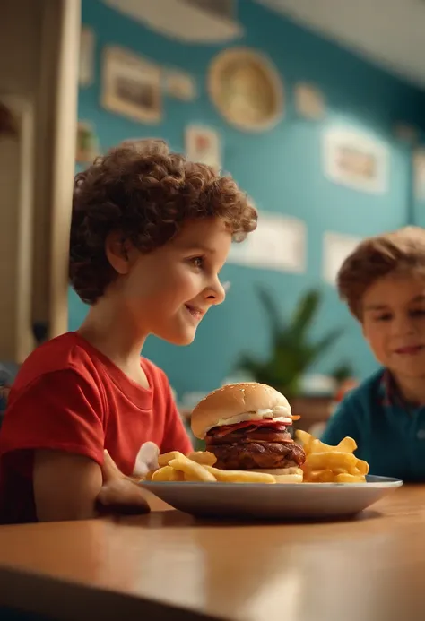 filme Marketing 2023 estilo filmes Pixar, Com nome "N - Marketing", poster, a 6-year-old boy in a blue blouse eating a hamburger at KFC at a table with his parents, a middle-aged man in a red blouse and a lady in a blue blouse