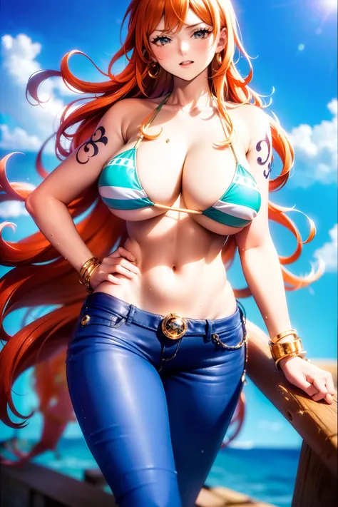 ((巨作)) ((Best Quality)) ((A highly detailed))  ((1Woman)) ((bikini)) ((bikini top only)) ((orange long hair)) ((silky long hair)) ((Right shoulder tattoo))  ((tall ;)) ((One Piece Nami)) ((Nami)) ((wet body)) ((big tits))  ((Attractive eyes)) ((sharp eyes)...