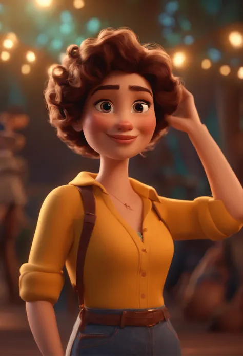 Pixar style image with 3D character white glasses brunette woman short curly hair dancing, Maquiagem Disney,Pescador, bonitinho, sorridente ,Close-up, Pixar, Disney, Cinema lighting,