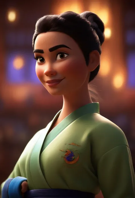 Imagem estilo Pixar com personagem 3D  mulher morena cabelo cacheado comprido, Maquiagem Disney, sorridente ,wearing a karate gi and a black belt, Close-up, Pixar, Disney, Cinema lighting,