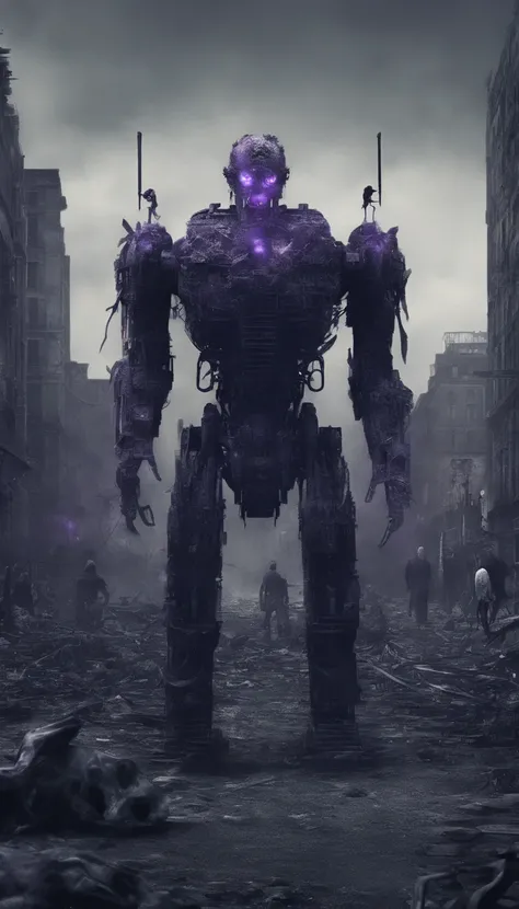 Create an ultra realistic image of a crowd of people and robots in a futuristic city square. Everyone must be looking in the same direction with fireworks going off in the sky. Use a predominantly purple color palette. The image must have a 9:16 aspect rat...