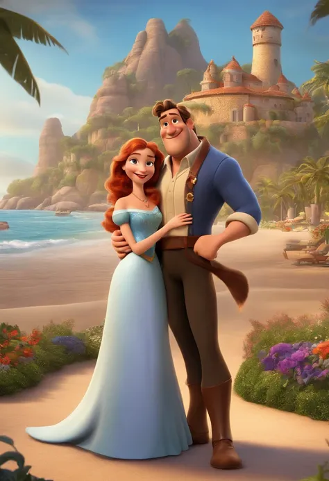 A Disney Pixar movie poster showing a white-skinned couple. The father is the tallest, Tem barba curta, cabelos curtos e espinhosos. The mother has brown eyes and hair, shoulder-length and is slightly overweight. The background is a beach garden. 3D-render...