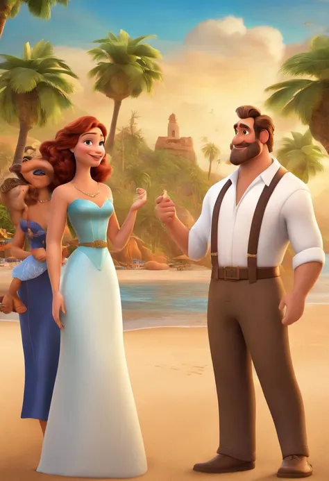 A Disney Pixar movie poster showing a white-skinned couple. The father is the tallest, Tem barba curta, cabelos curtos e espinhosos. The mother has brown eyes and hair, shoulder-length and is slightly overweight. The background is a beach garden. 3D-render...