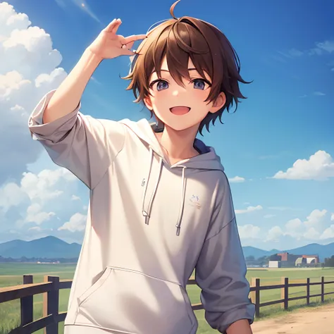 (masterpiece) best quality, brown hair, young boy, cool kid, plains backround, sky , cute, white hoodie, smiling, happy, fantasy, male, boy,