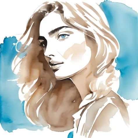 David Downton fashion illustration, line art and airy gentle watercolor drawing, blonde woman 35 y.o, bob thin hair, profile, Andreea Diaconu, light sweatshirt, windy, creative, designer