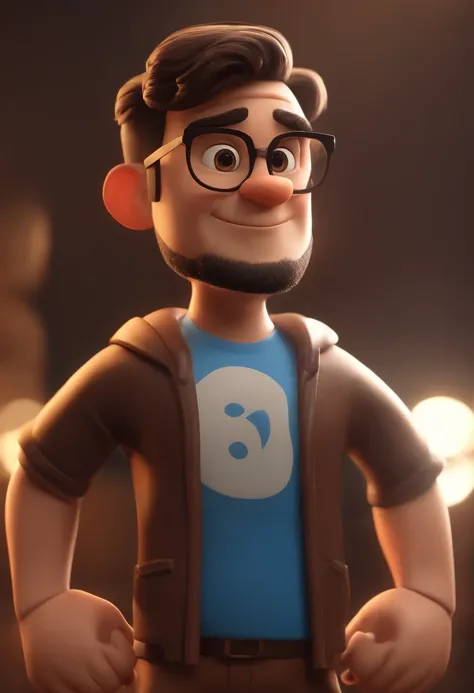 Cartoon character of a man with black glasses, Short brown gradient hair and a sporty blue t-shirt, animation character, Caractere estilizado, animation style rendering, 3D estilizado, Arnold Maya render, 3 d render stylized, toon render keyshot, Personage...