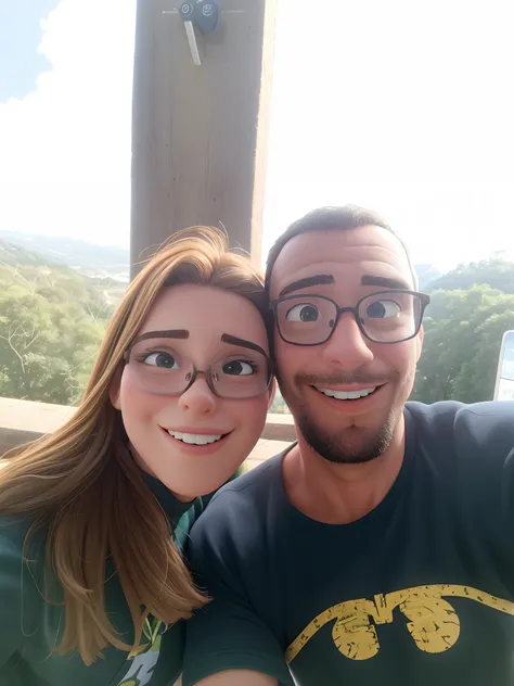 there is a man and a woman that are posing for a picture, com montanhas ao fundo, Fotografia selfie 8k, imagem de qualidade muito baixa, vacation photo, com nerd! glasses! e cavanhaque, com montanhas no fundo, 2 5 I, Millaise e Greg Rutkowski, Forrest em s...