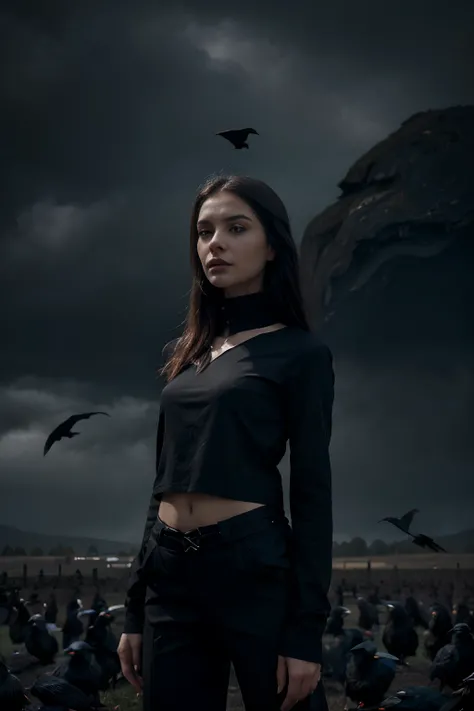 arafed woman in black top and pants standing in front of birds, flora borsi, among ravens, by Galen Dara, ravens stormy sky of foreboding, with a crow on her shoulder, photography alexey gurylev, swarms of ravens, crows, photography alexey kurylev, inspire...