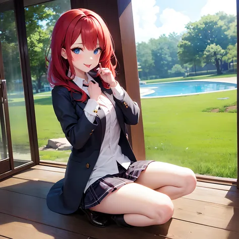 anime girl, red hair, blue eyes, sitting on her knees and got cum over her face, sticks tongue out