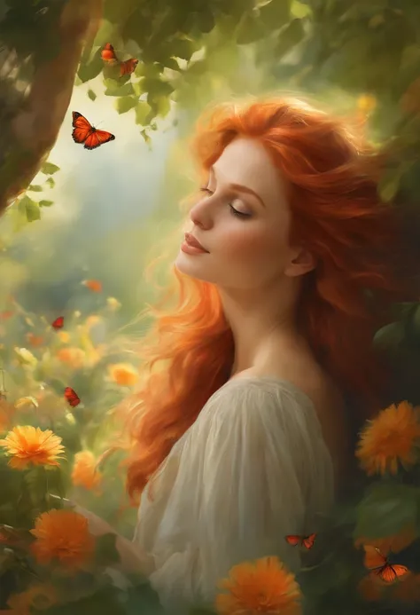 (best quality,ultra-detailed,realistic:1.37),red-haired woman,green eyes,hair flowing in the wind,mysterious smile,soft sunlight,romantic garden,delicate flowers,butterflies dancing around,natural beauty,warm color palette,subtle shadows,vibrant hues,impre...