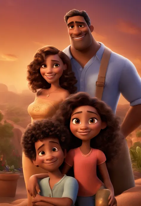 a Disney Pixar movie poster showing a brown-skinned family.  The father is the tallest, Tem barba curta, moreno, cabelos curtos . The mother has brown eyes and hair, shoulder-length and is slightly overweight. A menina tem 13 anos e cabelos castanhos, roup...