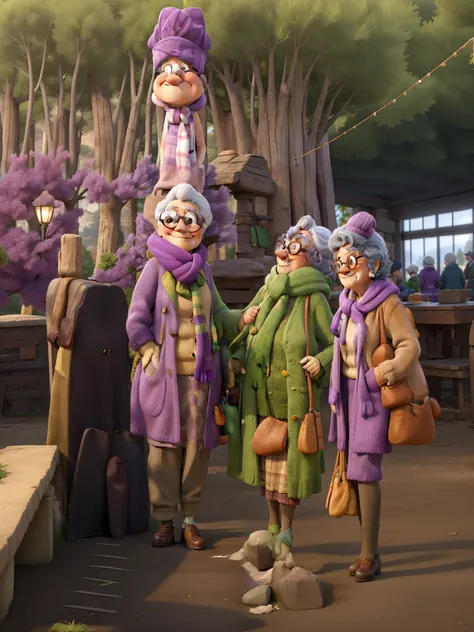 masterpiece, best quality, an old woman with glasses and a scarf on, wearing a purple coat and green scarf, standing at the park