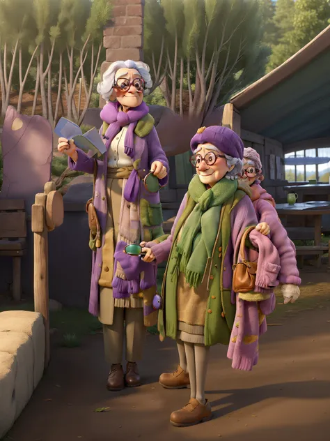 masterpiece, best quality, an old woman with glasses and a scarf on, wearing a purple coat and green scarf, standing at the park